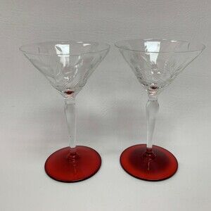 Wine Glass Glasses Clear Floral Red Base 5 1/8" High Lot of 2‎